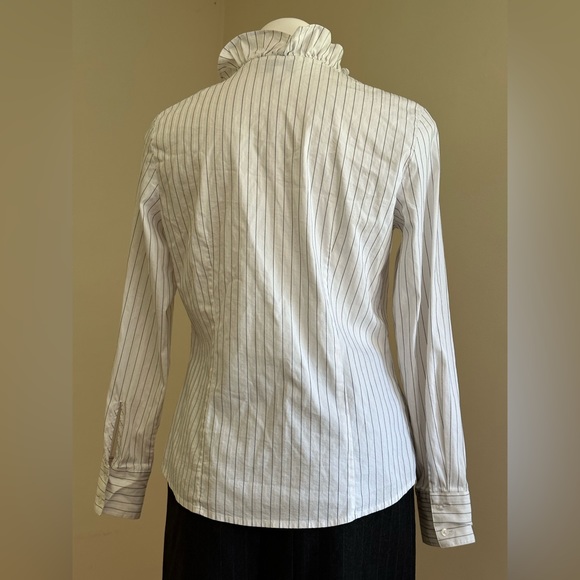 Loft Ann Taylor White With White & Black Stripes Button Down ruffle Blou… - Picture 7 of 12